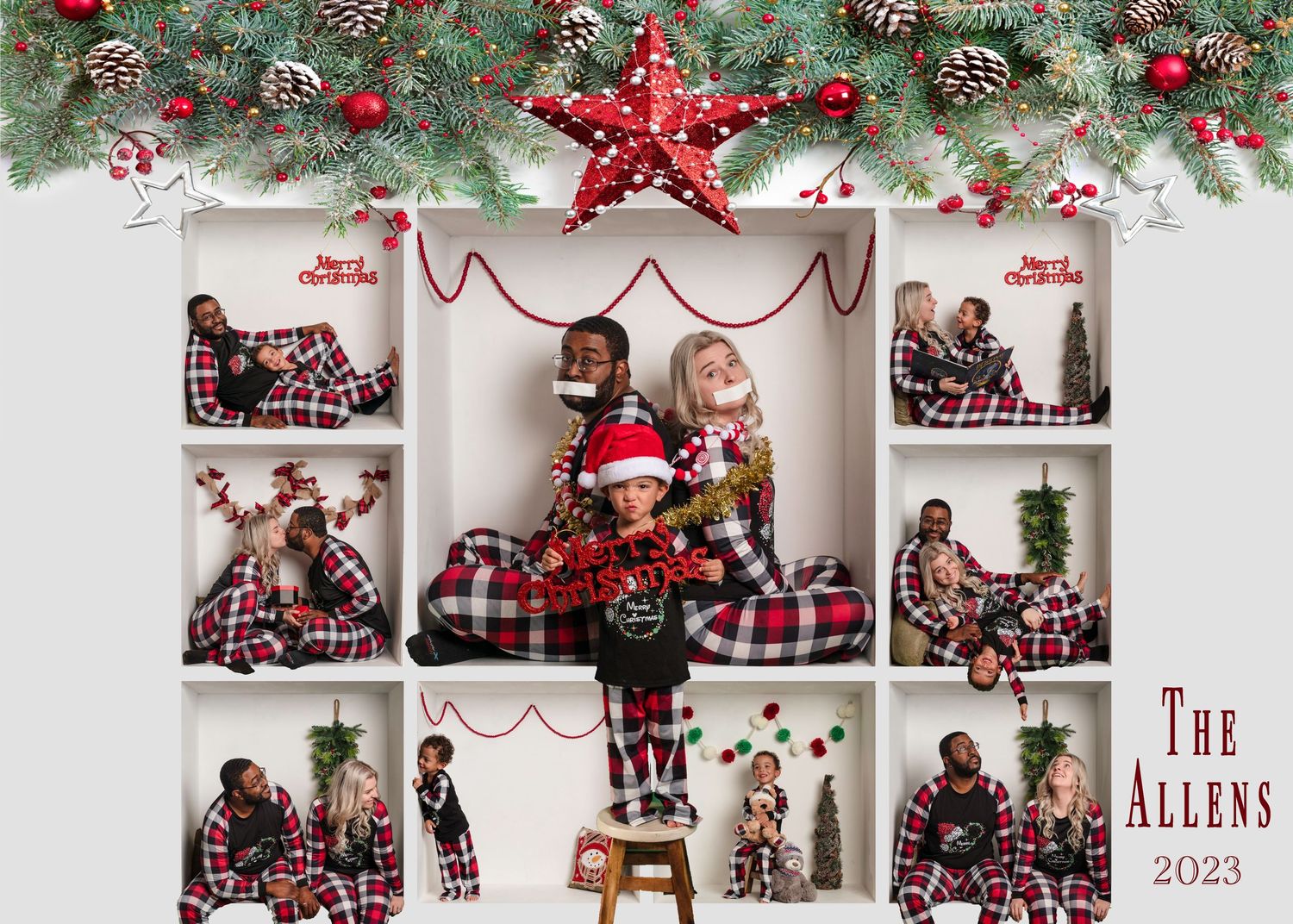 A festive holiday photo collage with plaid blankets, Christmas trees, and a large red star decoration on white shelves.