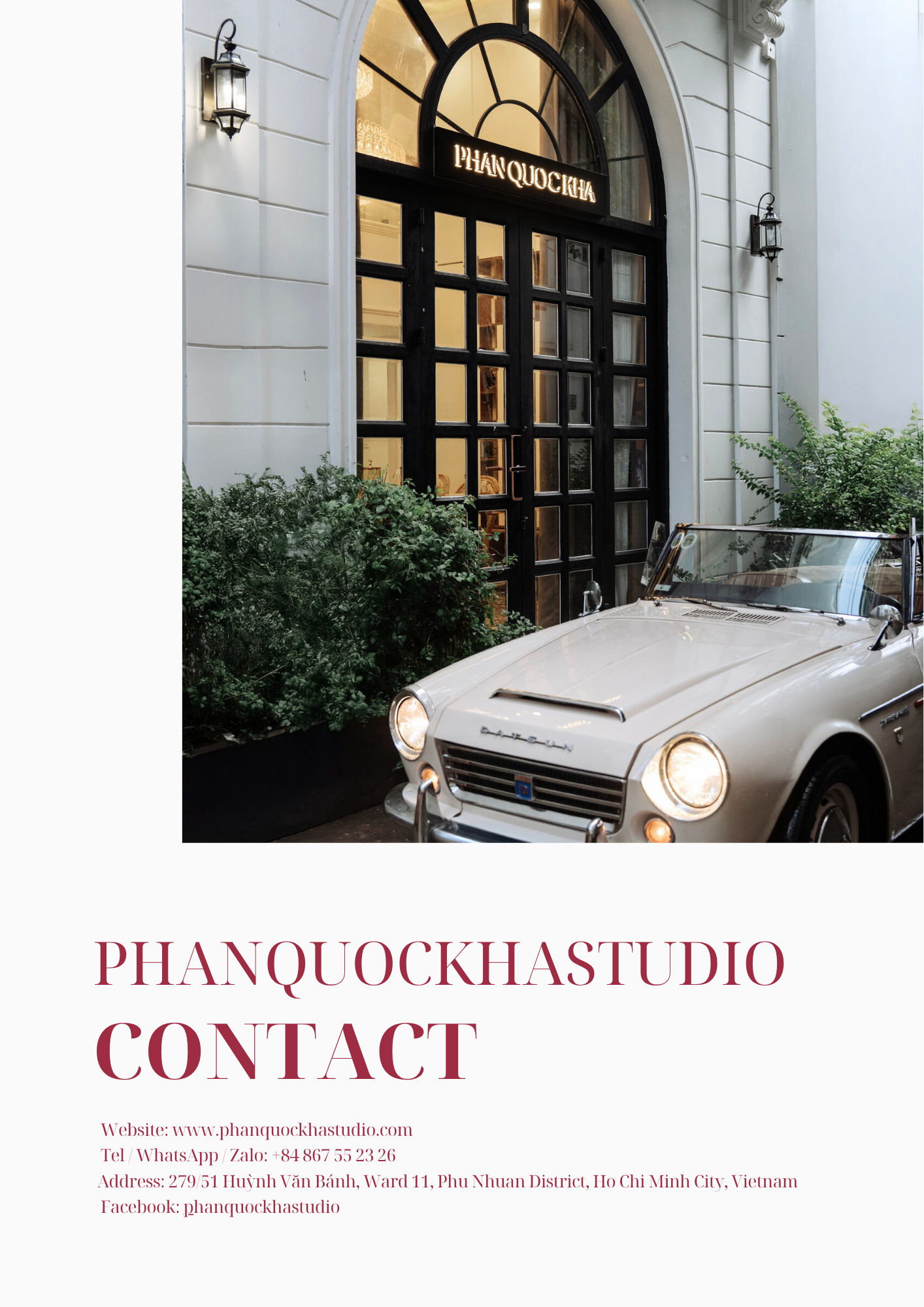 Phan Quoc Kha Studio storefront with vintage white car parked outside elegant building entrance.
