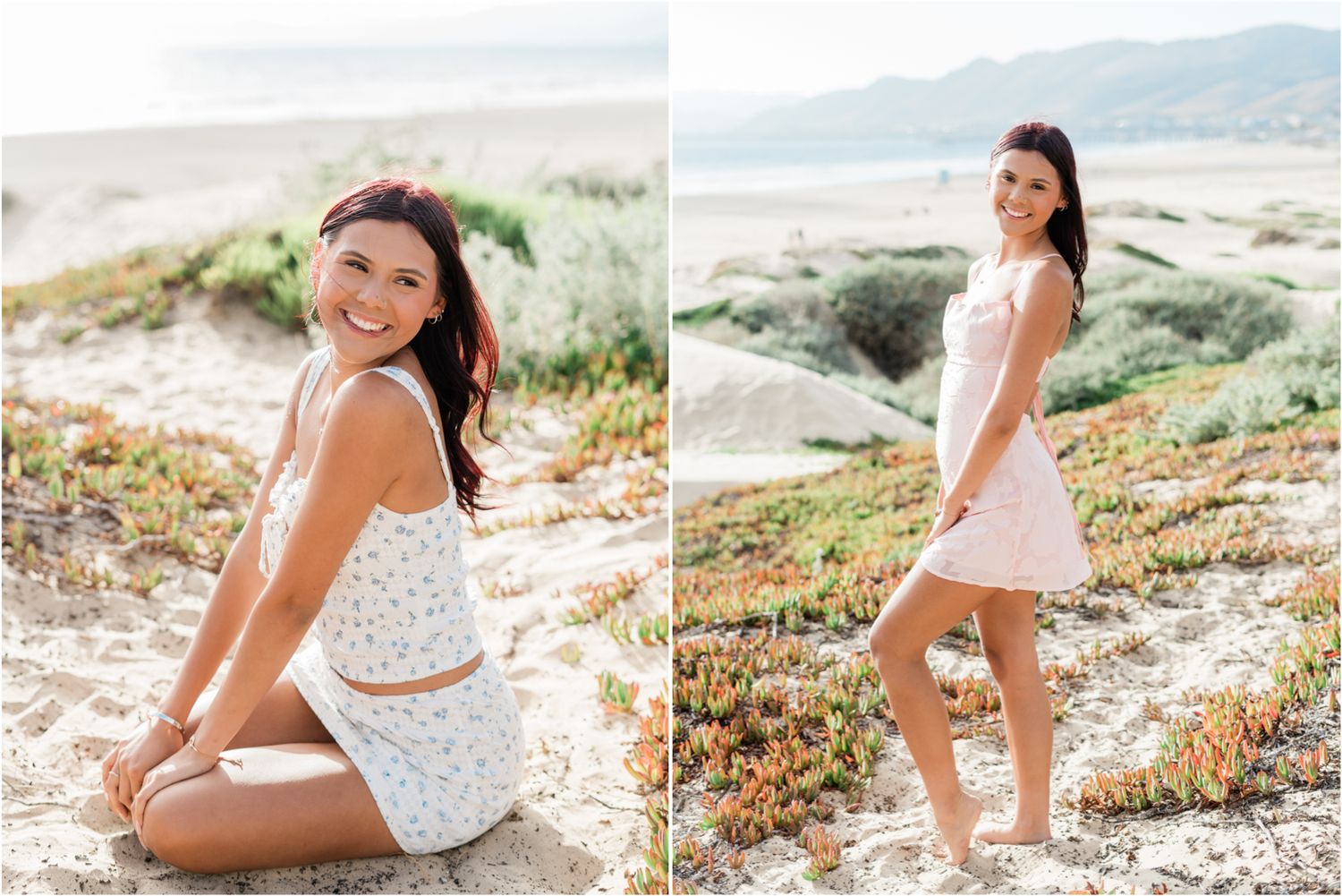white and blue two piece outfit for San Luis Obispo senior photos | pink dress at pismo beach for senior photo location | slo senior photos