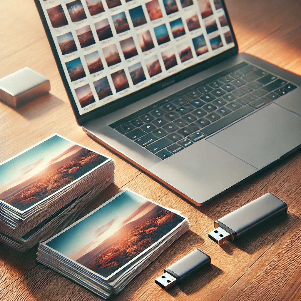Collection of printed photographs and USB drive next to laptop computer on wooden desk with warm lighting.
