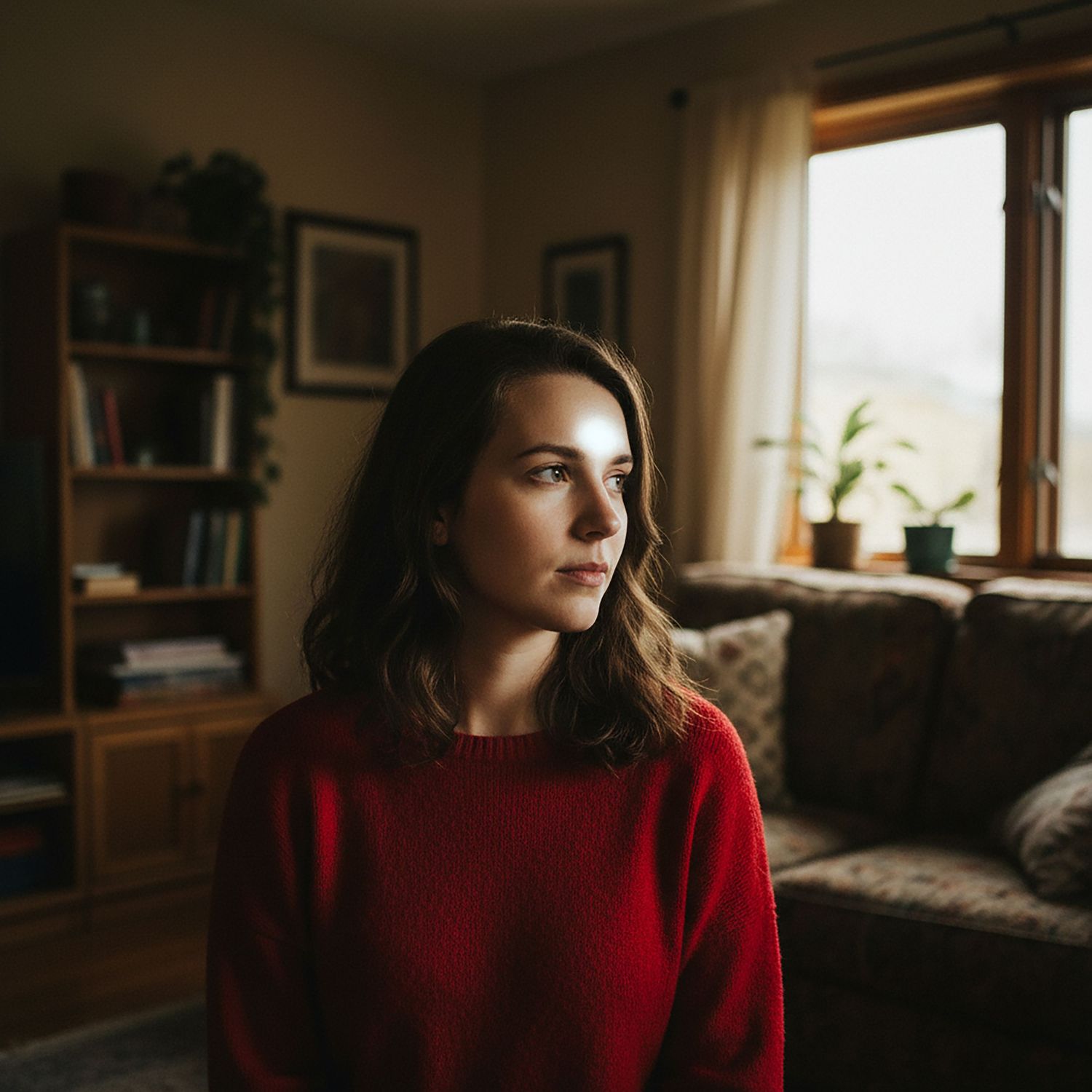 A series of moody indoor portraits showing someone in a red sweater by a window with warm natural lighting.