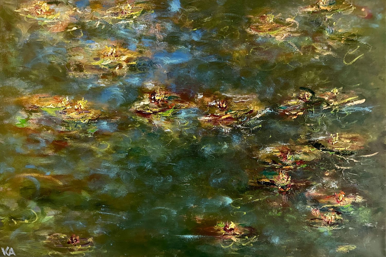 Autumn leaves float on dark reflective water creating an impressionistic nature scene with green and gold colors.