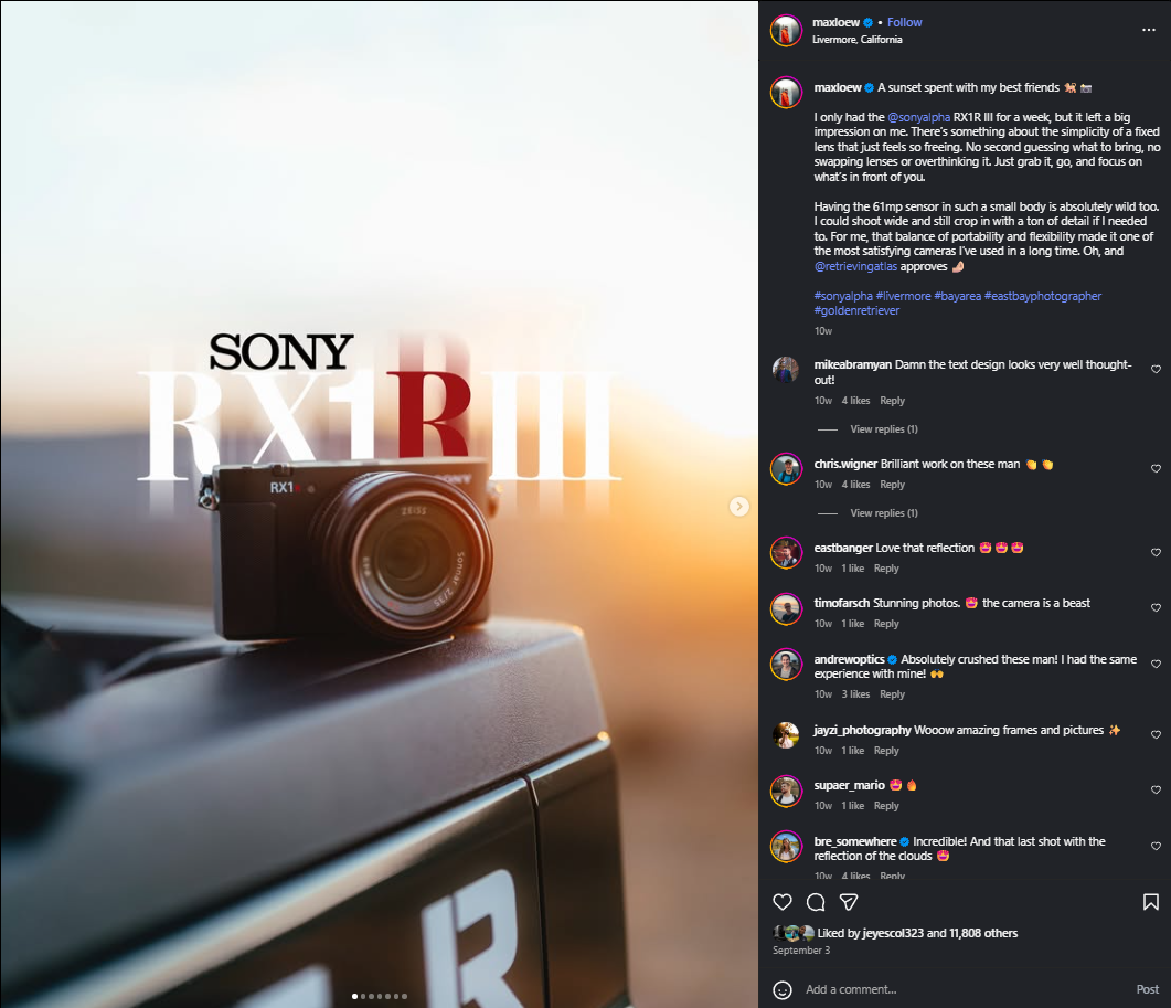 A collage of social media posts and comments displayed alongside a Sony camera lens in warm sunset lighting.