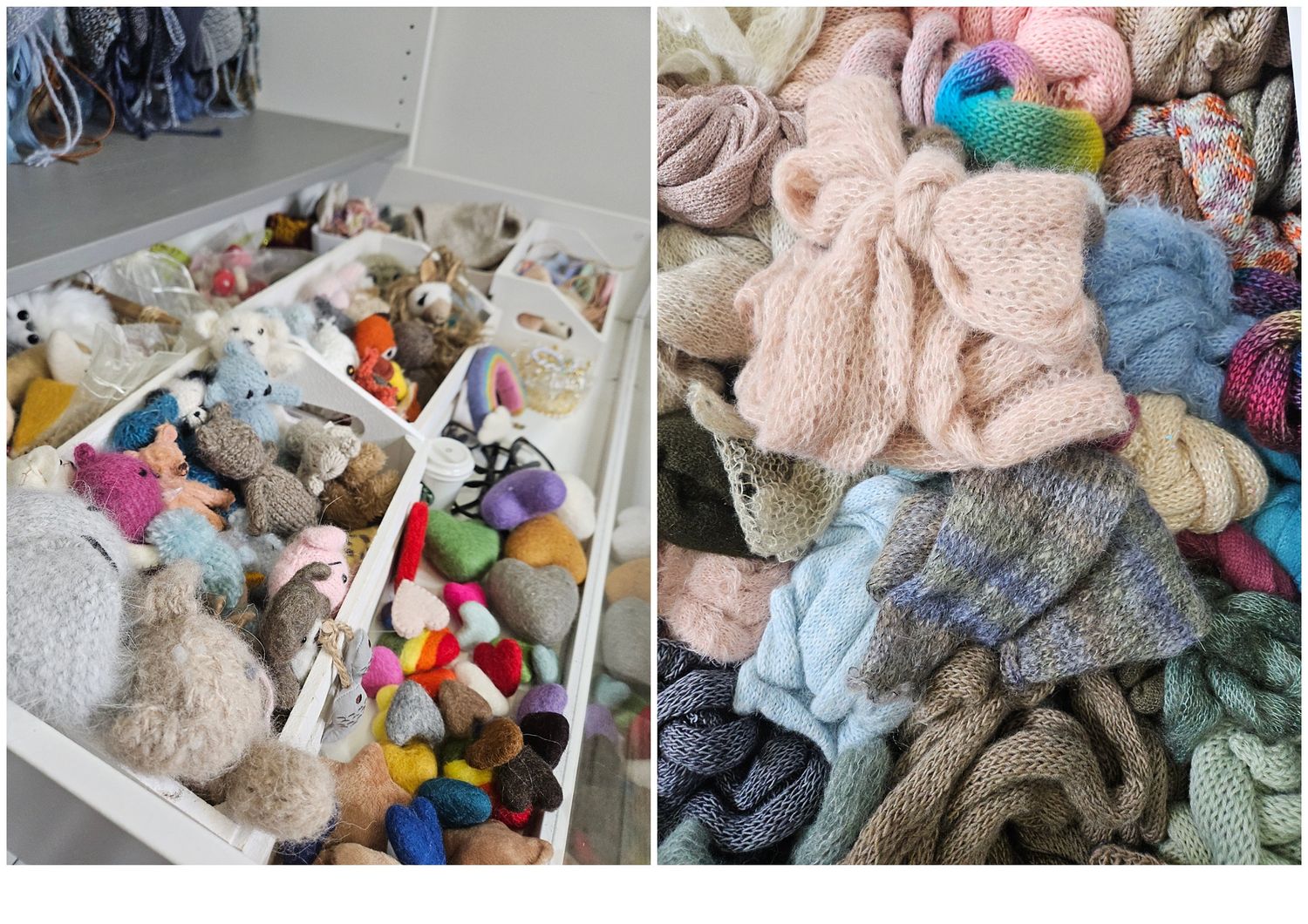 2 images.  One a drawer full of Newborn Photography tiny felt and knitted toys.  The other a drawer full of knitted wraps.  Soft colors