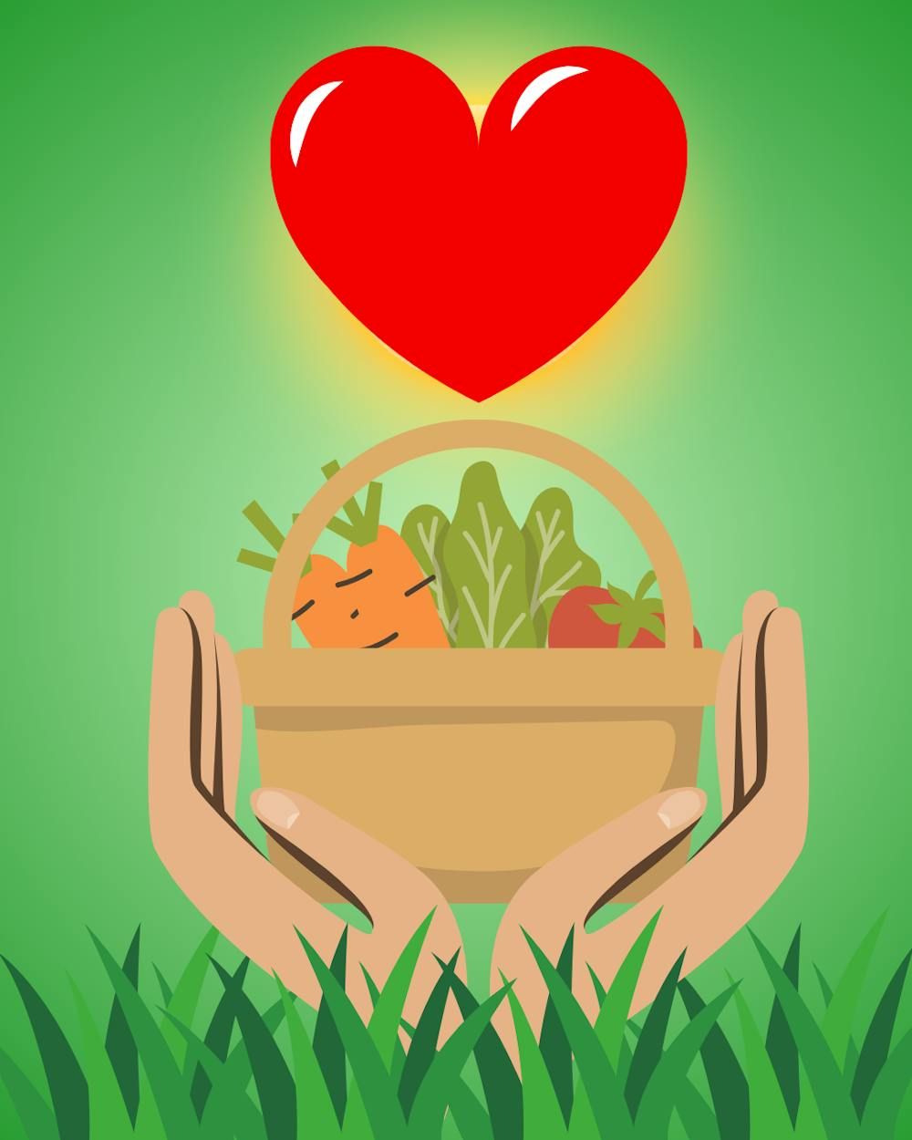 heart over green background with food coming from ground