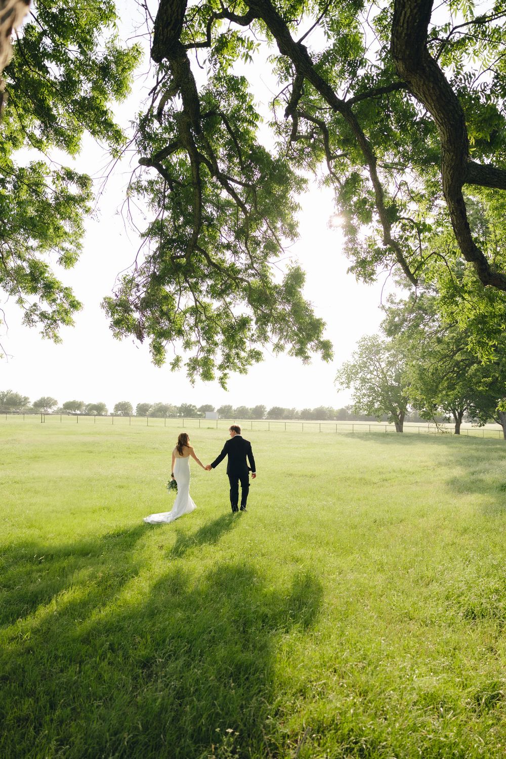 A couple walks hand in hand through a lush green meadow under tree branches on a bright summer day.