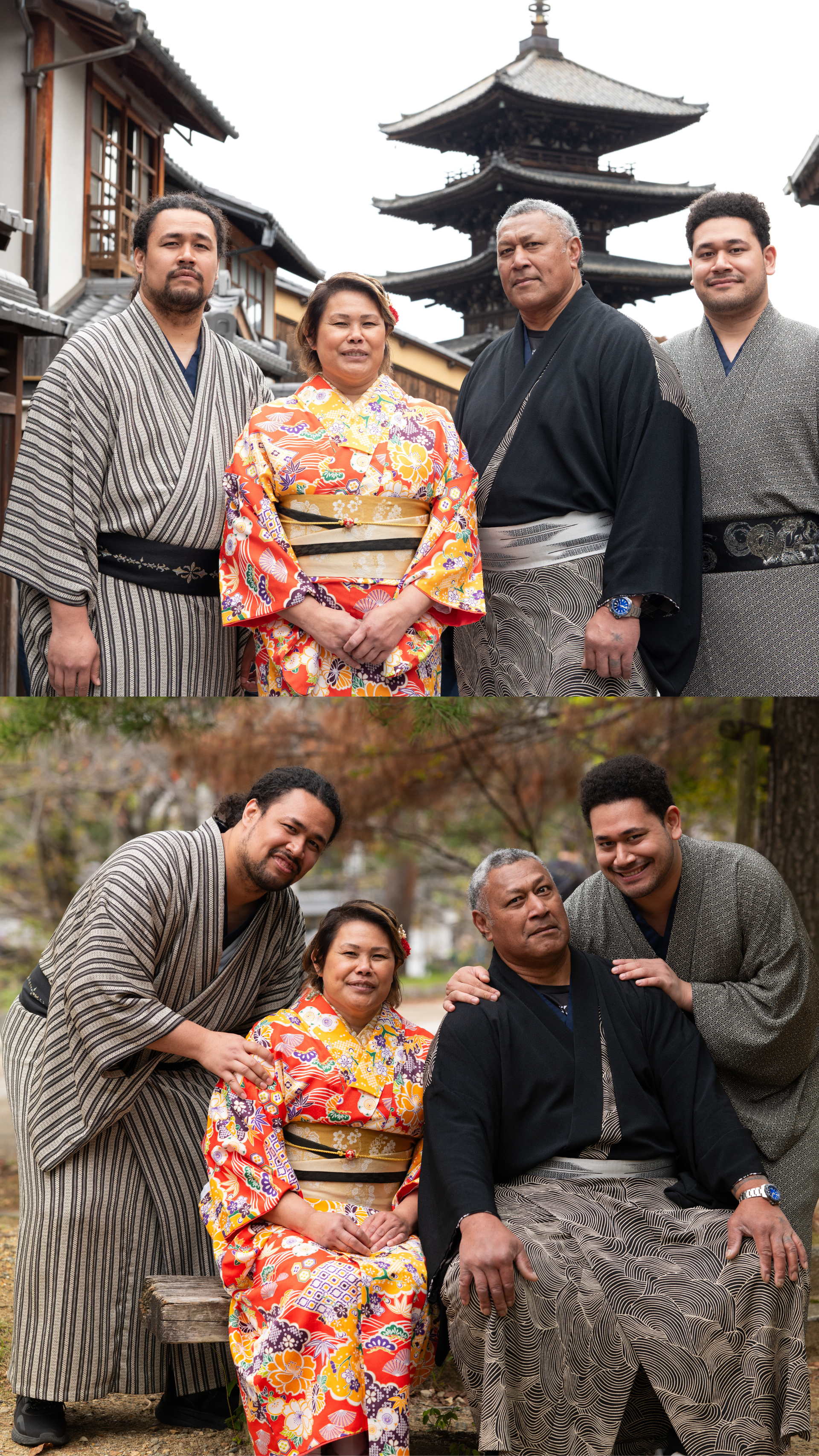 Family posing in traditional Japanese kimono and yukata near a historic pagoda.