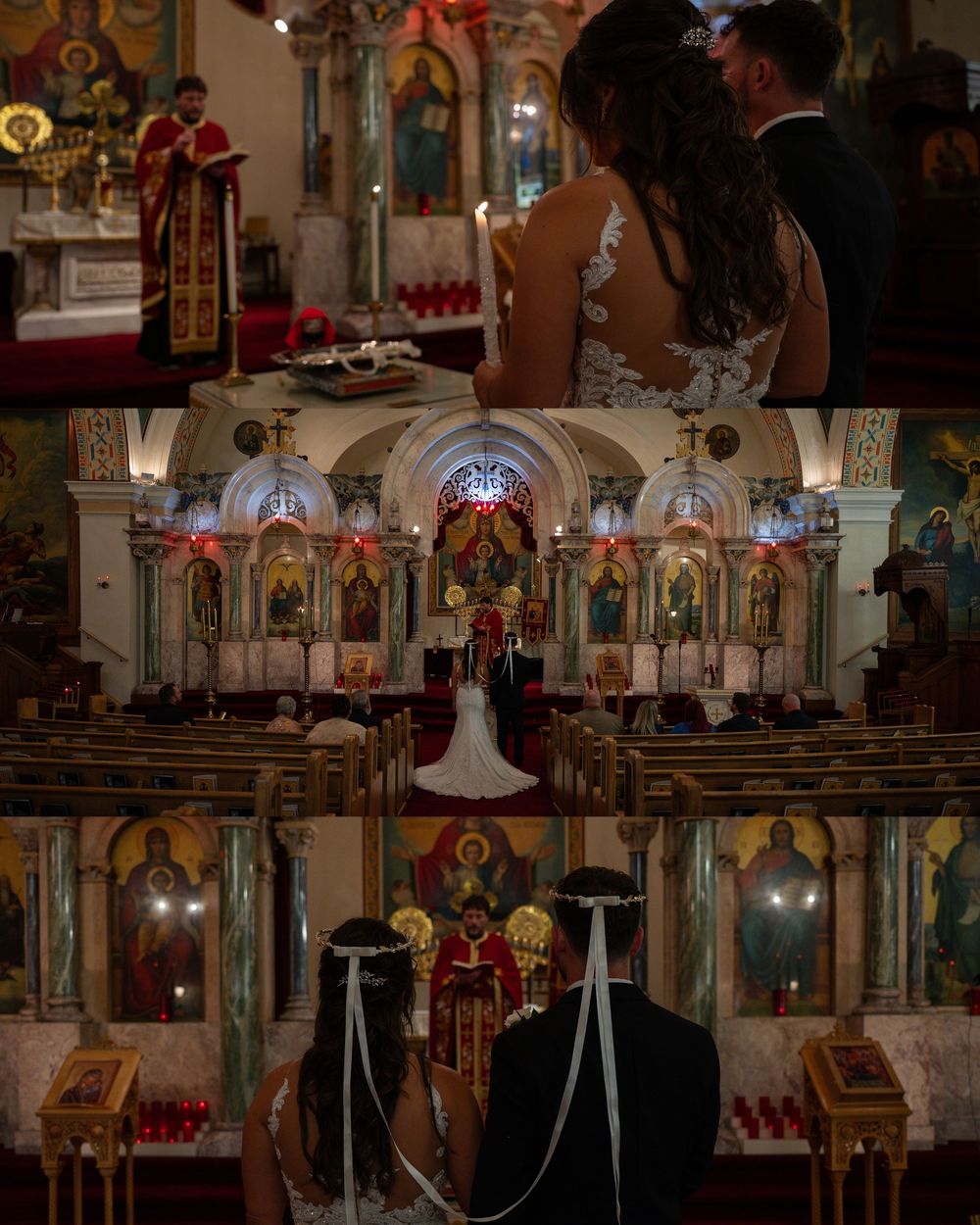 Interior view of an ornate Orthodox church with traditional iconostasis and religious artwork displayed on the walls.