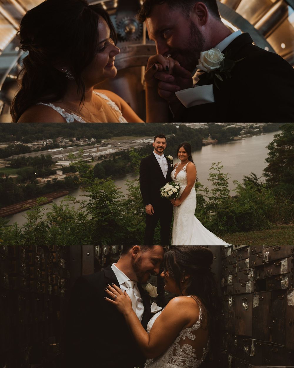 A romantic wedding photo collage showing intimate moments between newlyweds in various scenic outdoor locations.