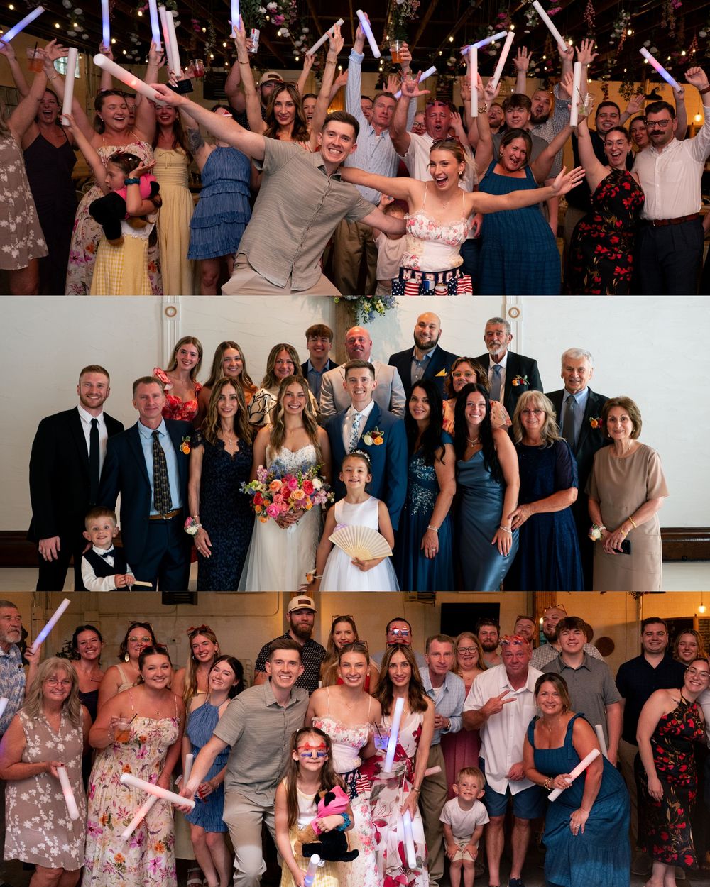 A joyful wedding celebration collage featuring the couple, family group photo, and guests with glow sticks at the reception.