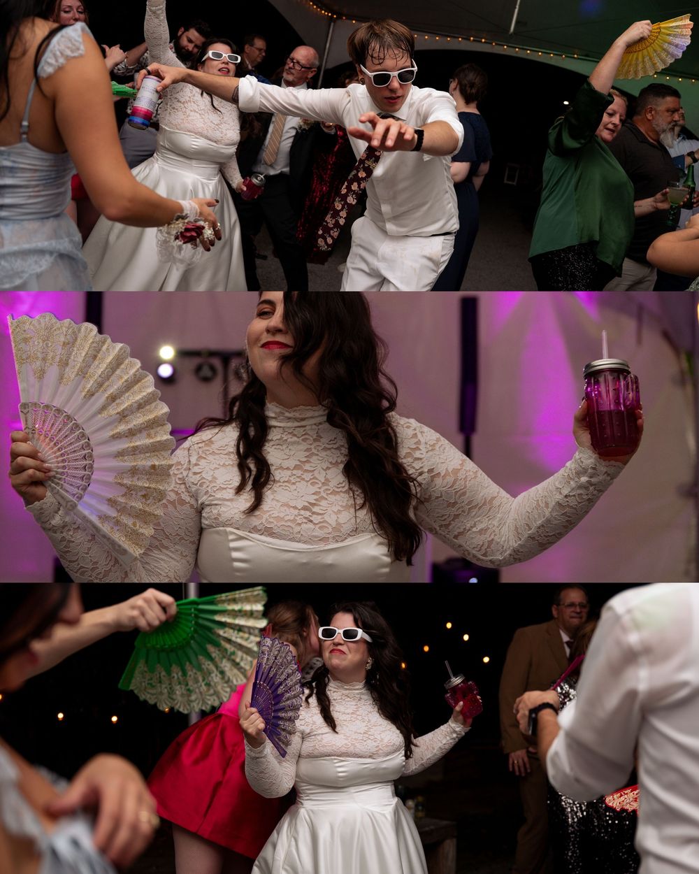 Wedding party guests dance with decorative paper fans on a dimly lit dance floor with purple lighting.