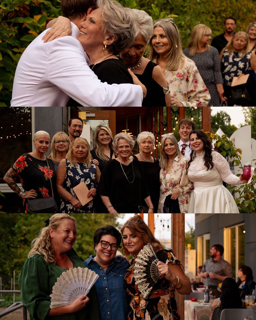 Wedding guests share joyful moments and laughter during an outdoor celebration at sunset.