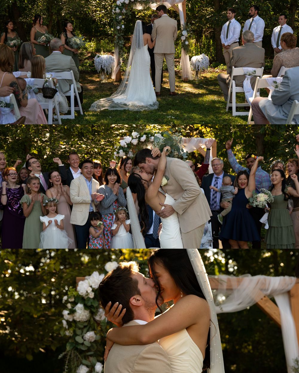 A romantic wedding celebration sequence showing a couple's first kiss and dance in a sunlit garden setting.