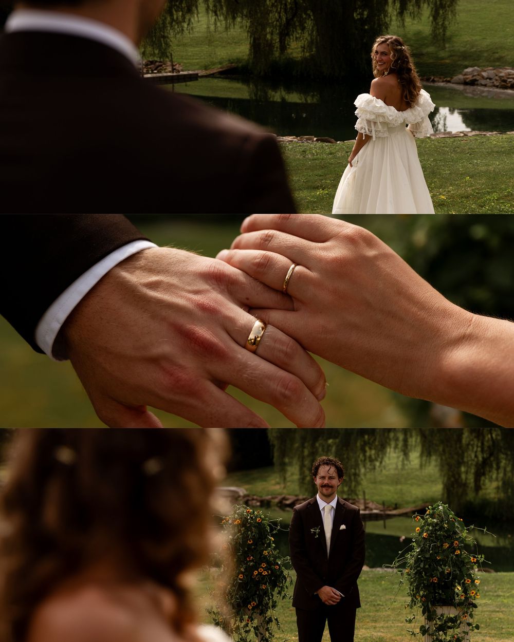 Romantic wedding scene with bride in white gown, groom exchanging rings outdoors near a pond.