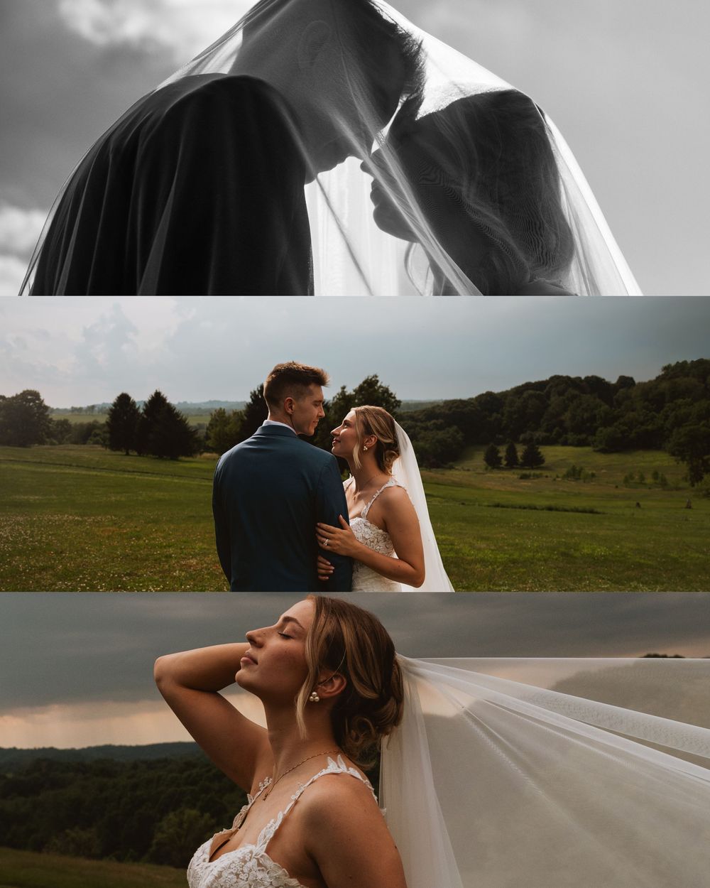 Romantic wedding collage featuring veil silhouette kiss, couple embracing in green meadow, and bride with flowing veil at sunset.