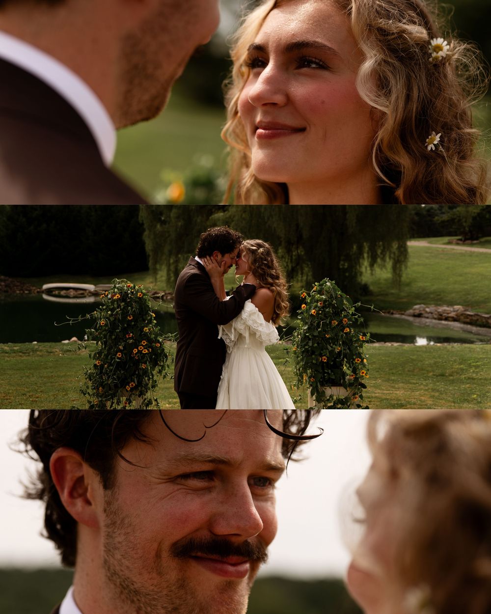 A romantic wedding collage featuring a bride and groom sharing a kiss outdoors near a floral arch by a pond.