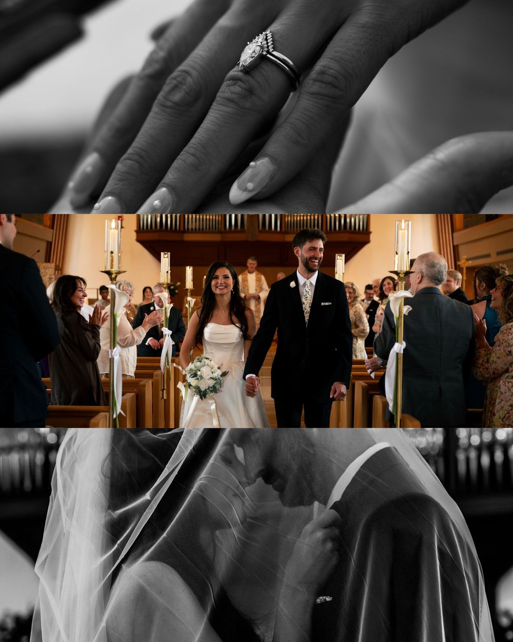 A wedding collage featuring a diamond ring, couple walking the aisle, and a romantic kiss under a veil.