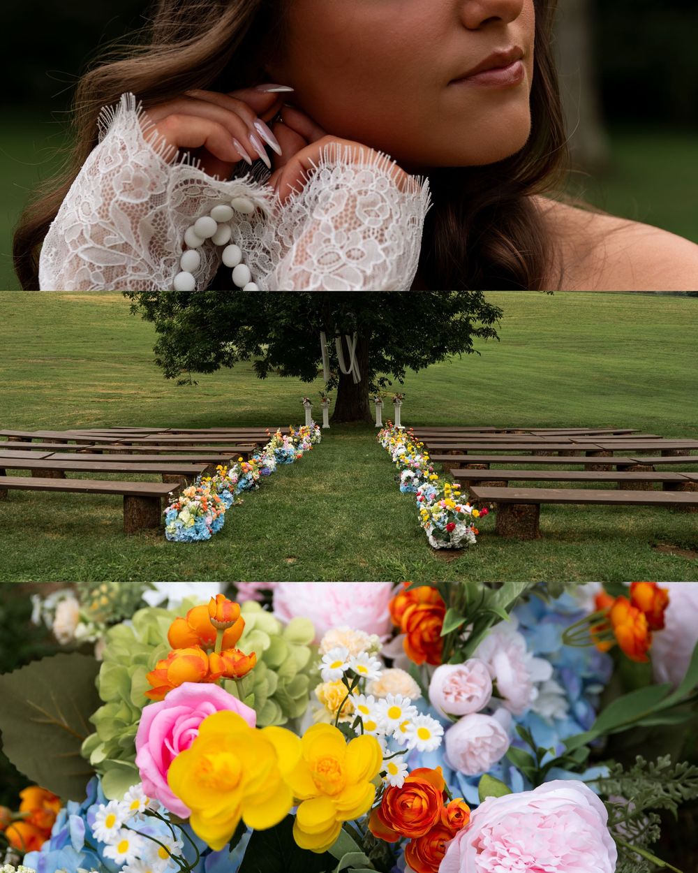 Collage of a bride in lace dress, outdoor wooden bench aisle with colorful flowers, and vibrant mixed floral arrangement.