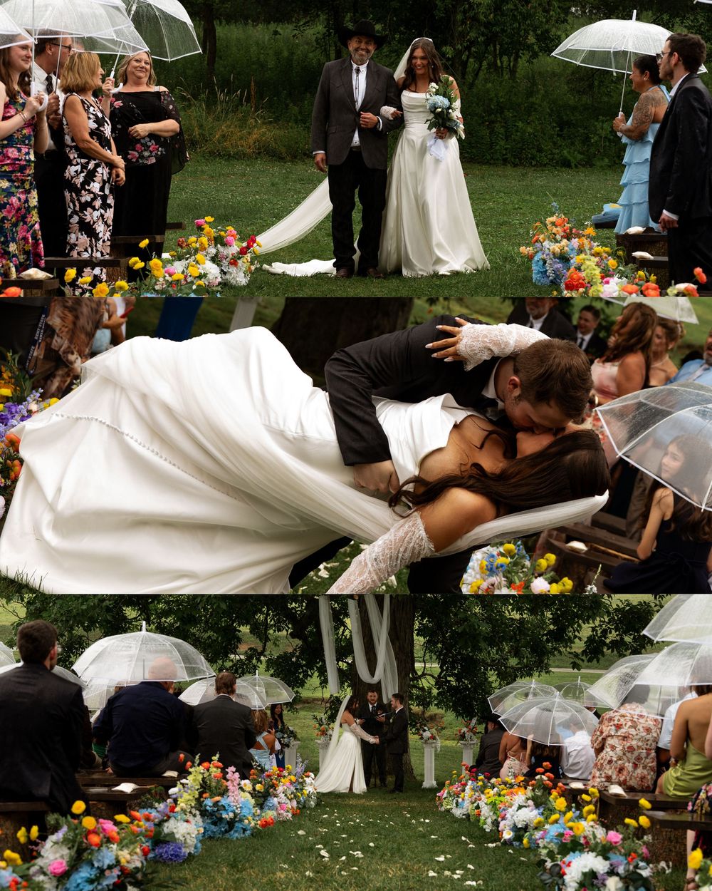 Outdoor rainy wedding ceremony with bride in white gown, colorful floral aisle, guests with umbrellas, and romantic dip kiss.