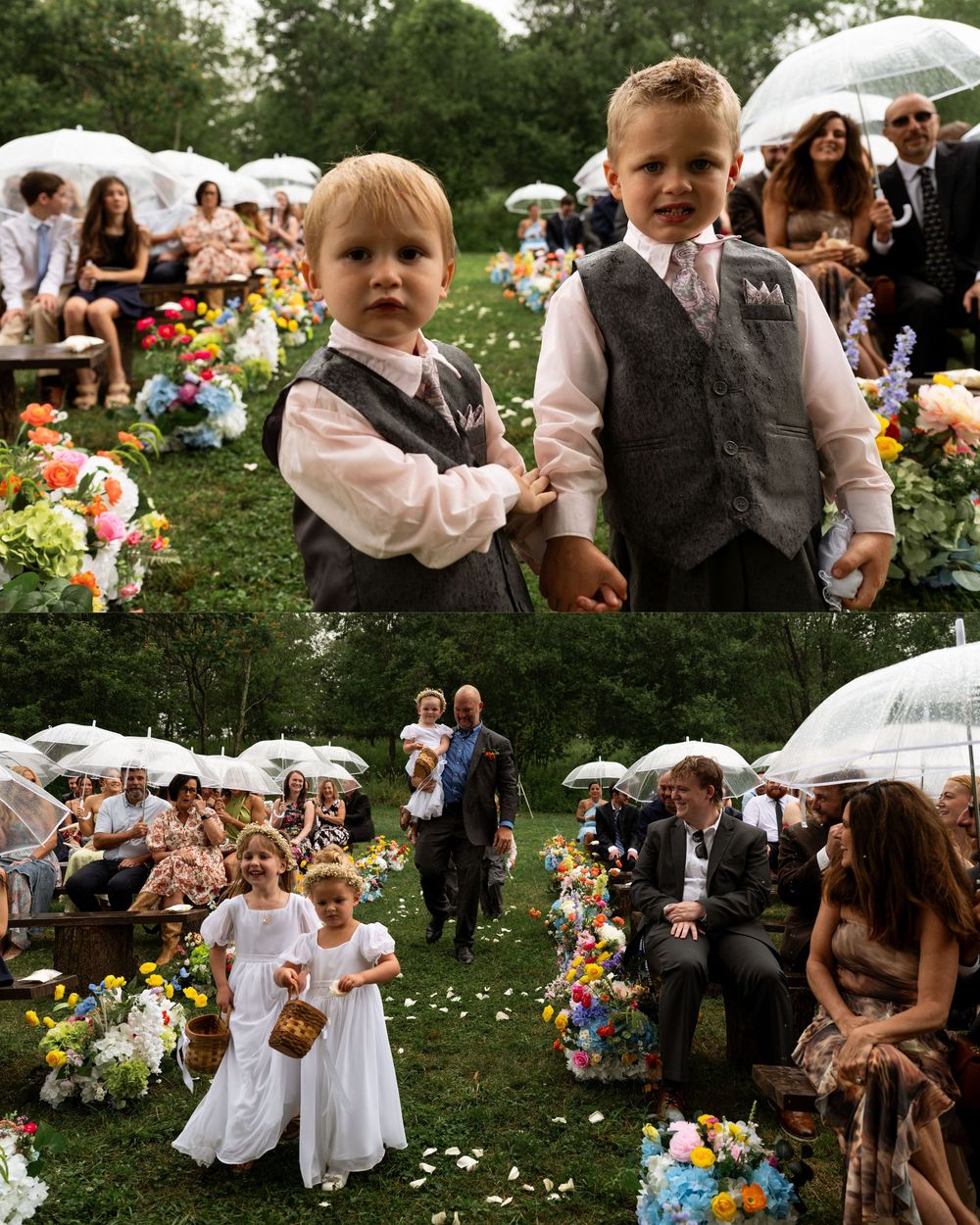 Two young ring bearers in gray vests stand at an outdoor wedding ceremony surrounded by colorful floral arrangements.