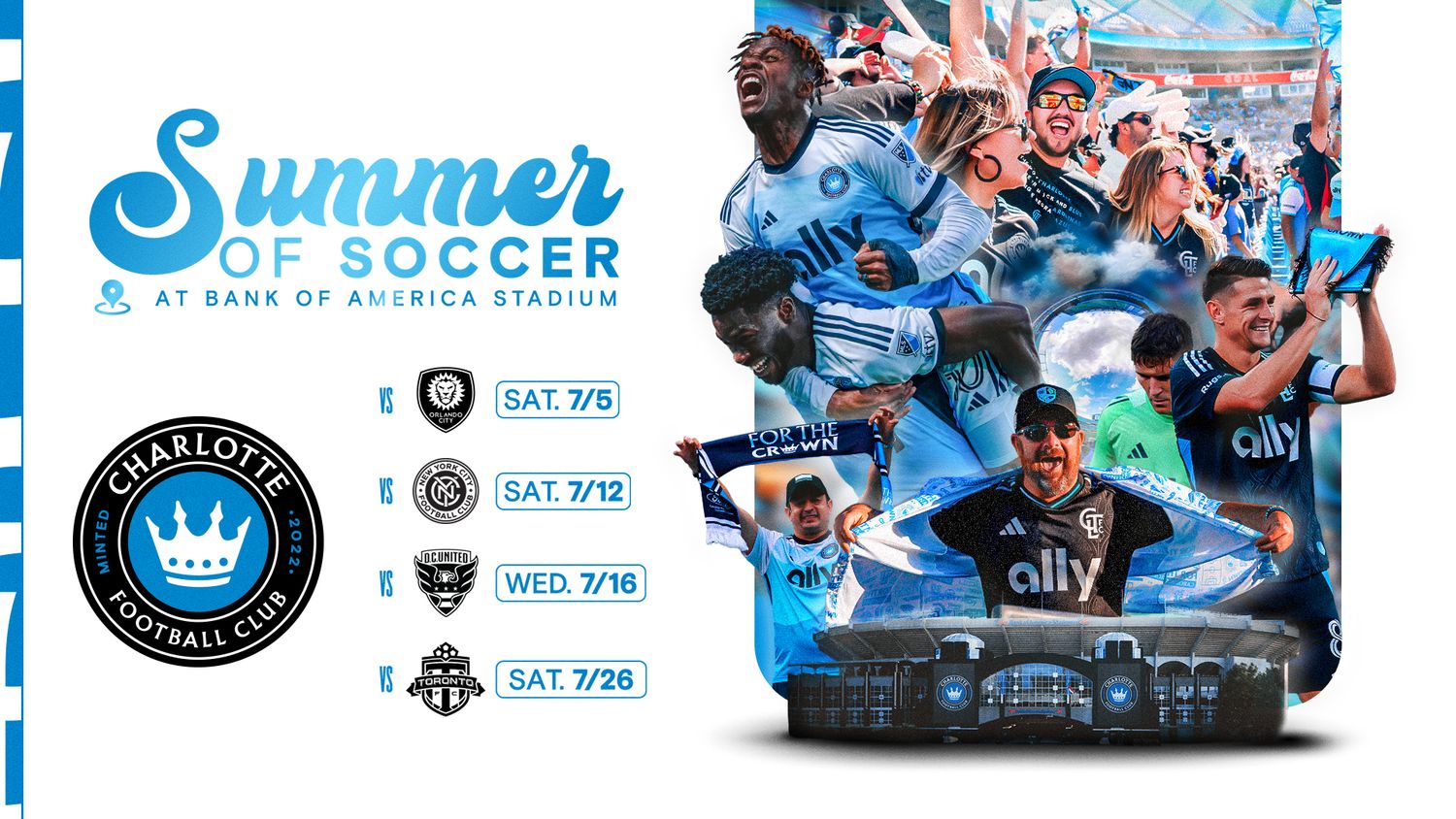 Charlotte FC Summer of Soccer schedule at Bank of America Stadium with match dates.