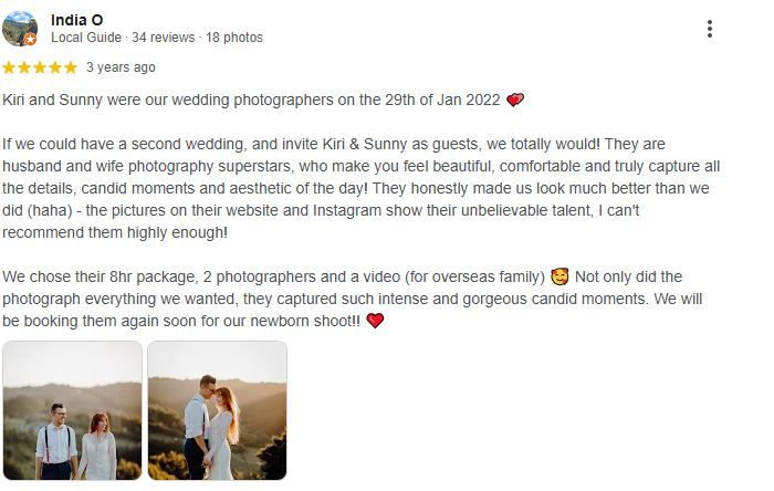 A series of wedding photos and reviews displayed in a social media post with text overlay and thumbnail images.