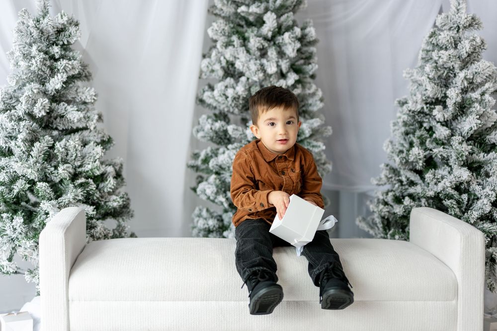 Adorable toddler boy sitting alone on white bench holding gift bag with snowy Christmas trees in background.