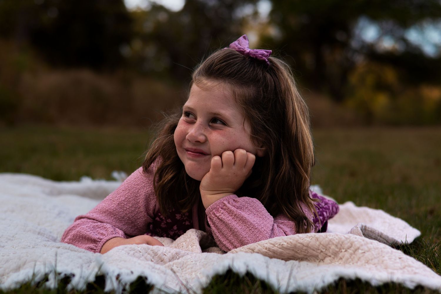 Young girl in pink dress lying on a blanket in a field, resting her chin on her hand.