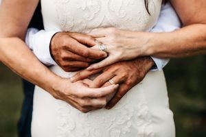 Close up of hands wearing wedding rings embracing against white lace dress material.