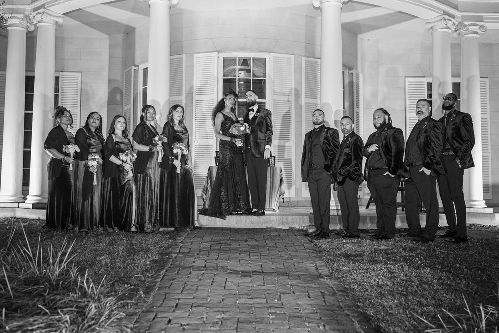 A series of vintage black and white group photographs showing people standing in formal arrangements outside buildings.