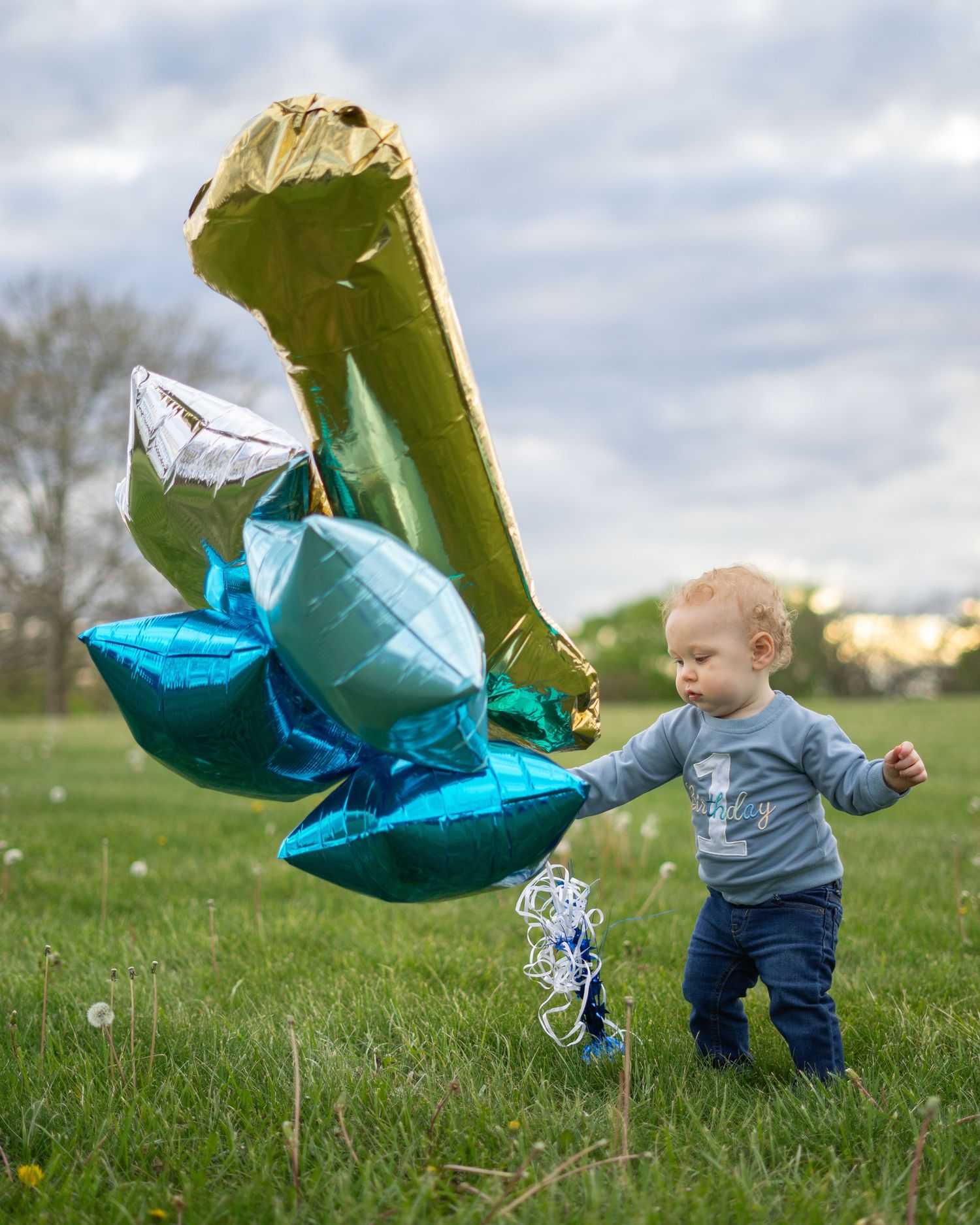 Toddler boy reaching for blue and gold number one balloons outdoors on green grass at a first birthday celebration.