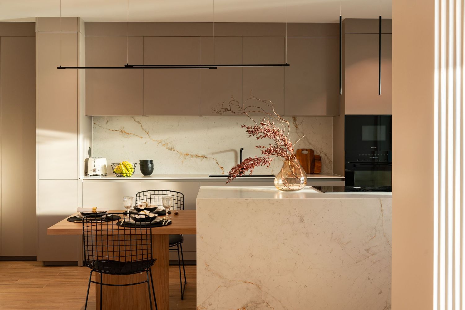 A series of minimalist interior design photos showing white walls with floating shelves and modern decor elements.