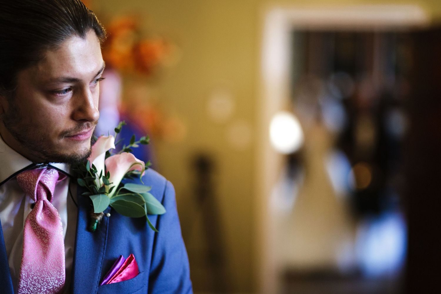 Groom emotional as bride begins to walk down the aisle at Hodsock Priory.