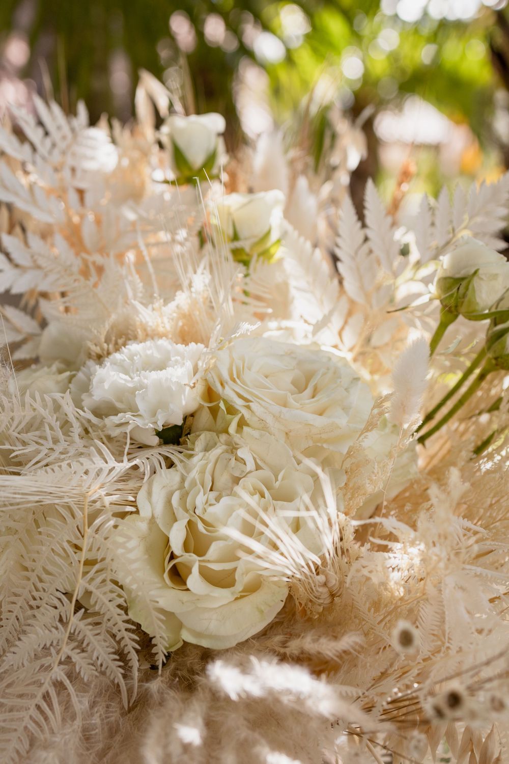 Delicate white roses and feathery pampas grass create an ethereal floral arrangement with soft bokeh lighting effects.