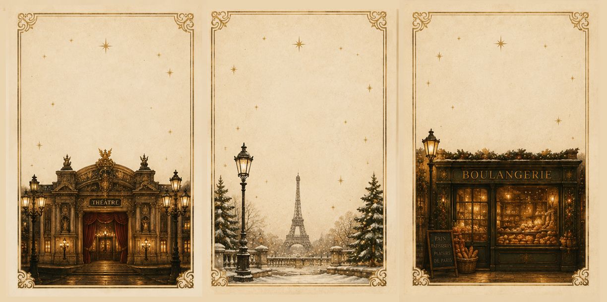 Ilustrações do Petit Noël 2026 com teatro, Torre Eiffel e boulangerie numa Paris de Natal.