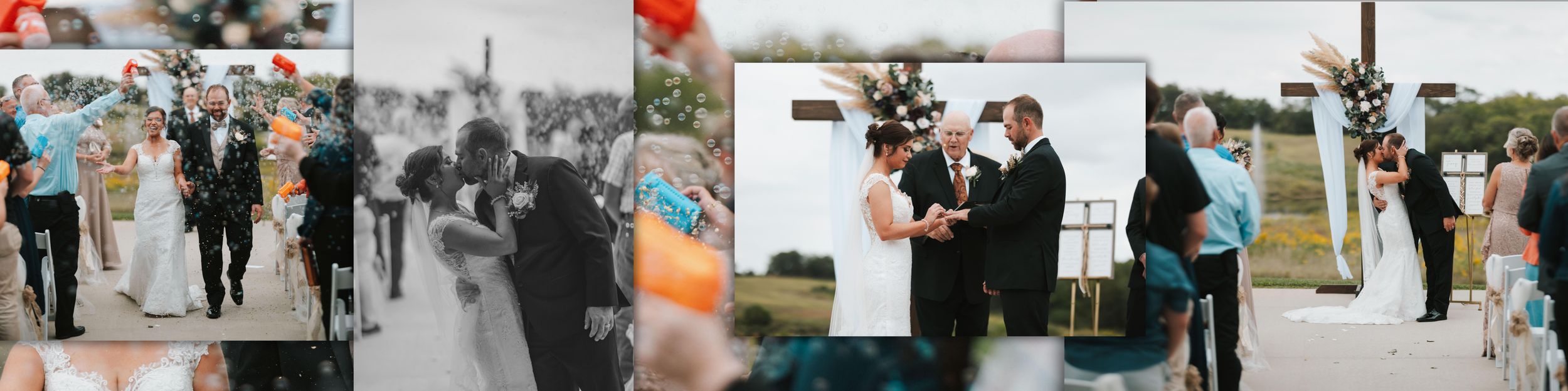 A collage of wedding photos showing a couple's special day with guests, dancing, and ceremony moments.