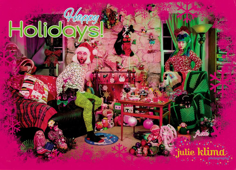 Festive pink and green holiday banner with Santa Claus figures and decorative Christmas elements in retro style.