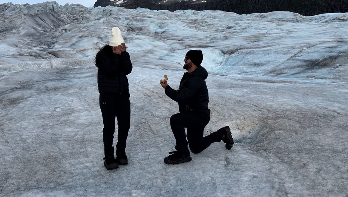A sequence of photos shows a marriage proposal taking place on a snowy glacier landscape.