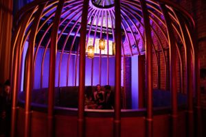 Purple-lit cage-like structure in a dark nightclub setting.