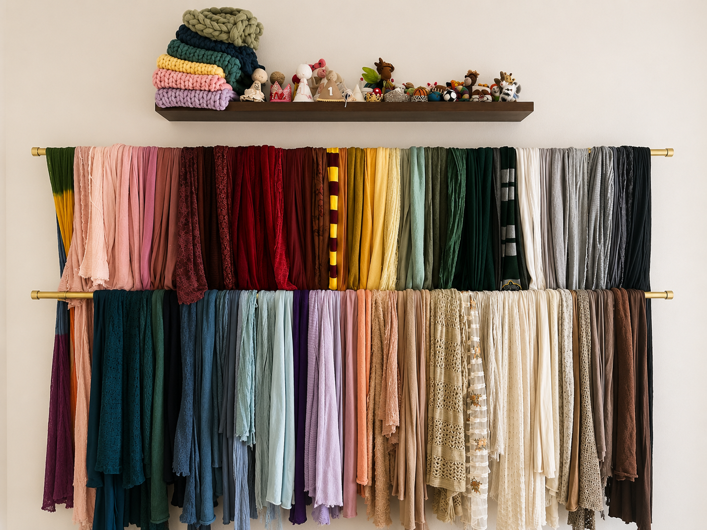 A row of colorful clothing hanging on a closet rod showcasing a diverse wardrobe collection.