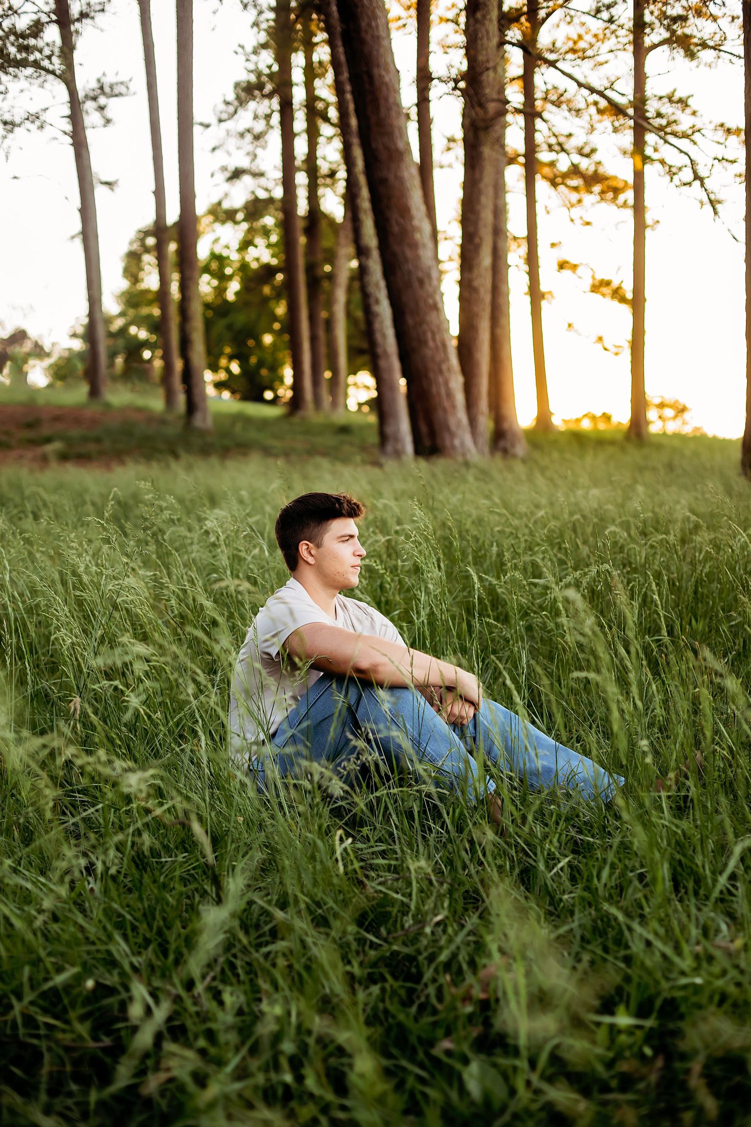 A person lies peacefully in tall green grass at sunset, surrounded by towering pine trees in a tranquil forest setting.