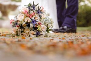 Wedding bouquet with pink roses and blue thistles lying on autumn leaves.