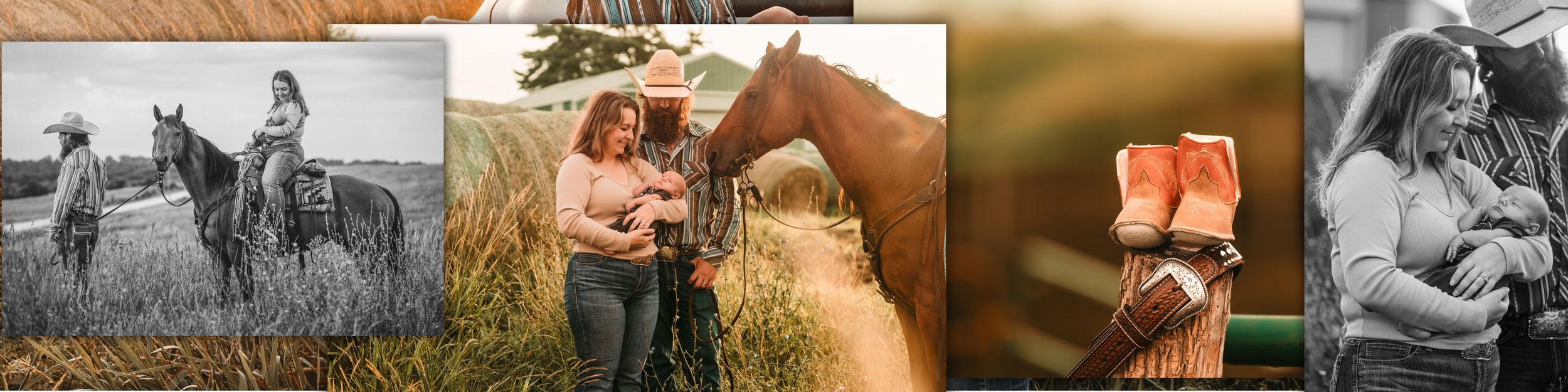 Young couple embraces in golden hour light while a horse stands beside them in a grassy meadow.