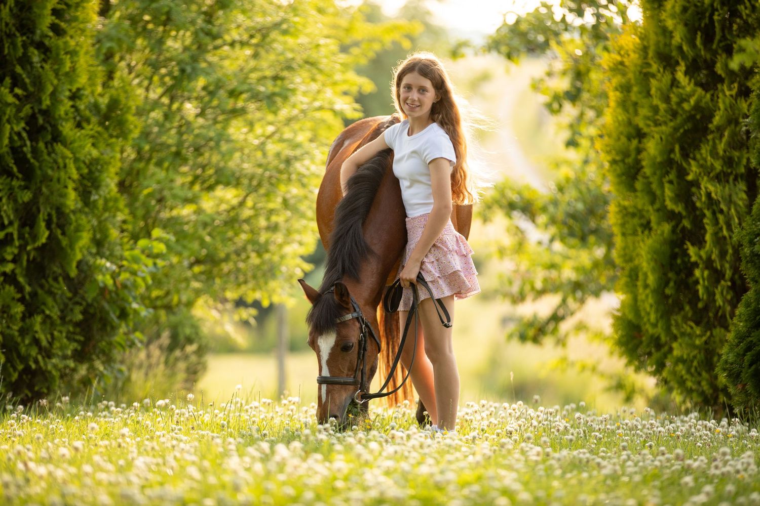 A beautiful black and white paint horse stands with a person on a sunny autumn day outdoors.