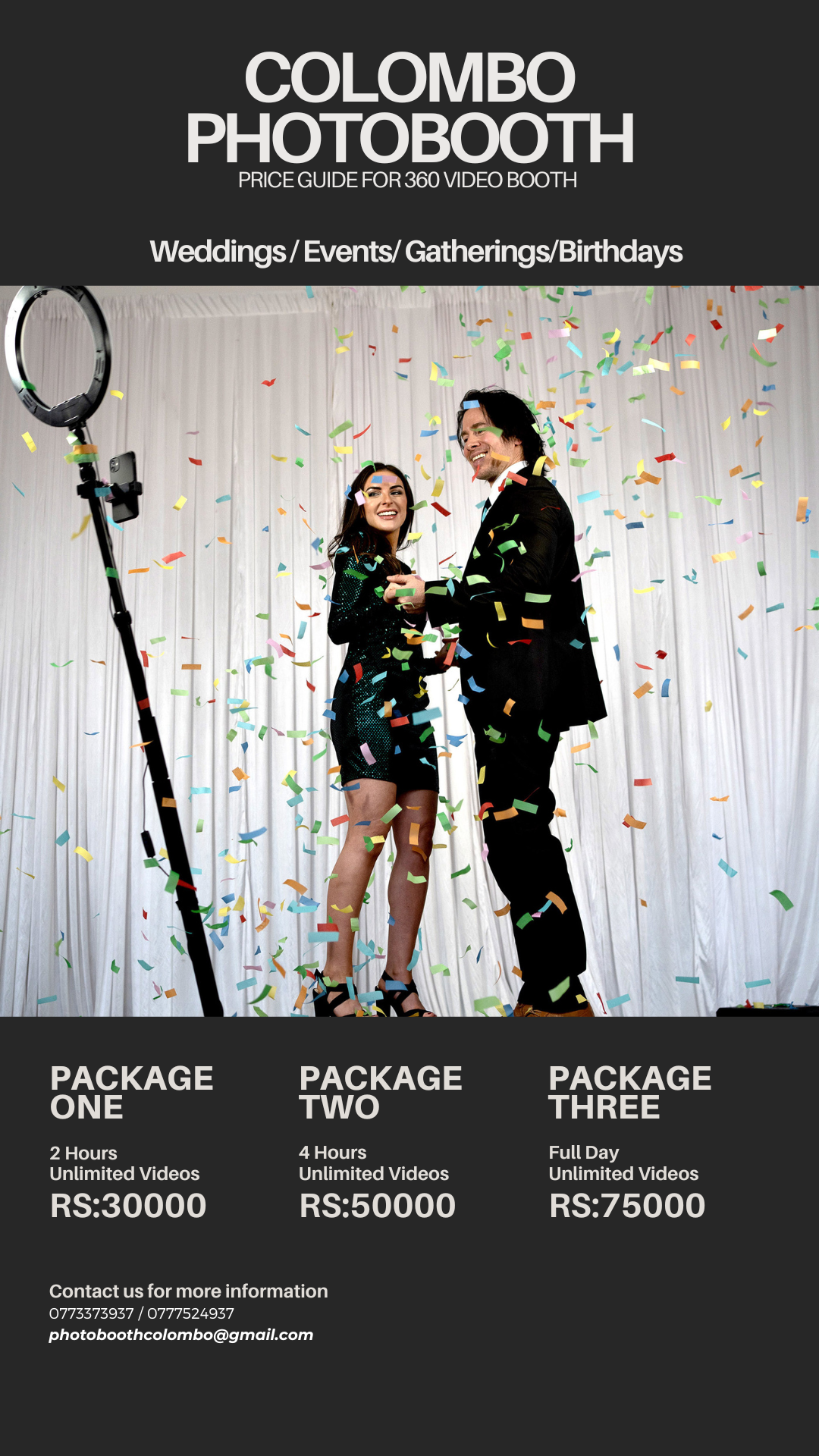 Photo booth pricing guide with confetti backdrop showing three different package options.