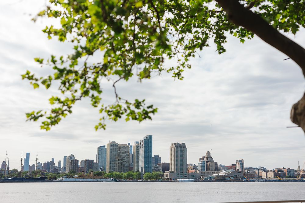 Panoramic view of Philadelphia skyline with lush green trees framing the cityscape under cloudy skies.