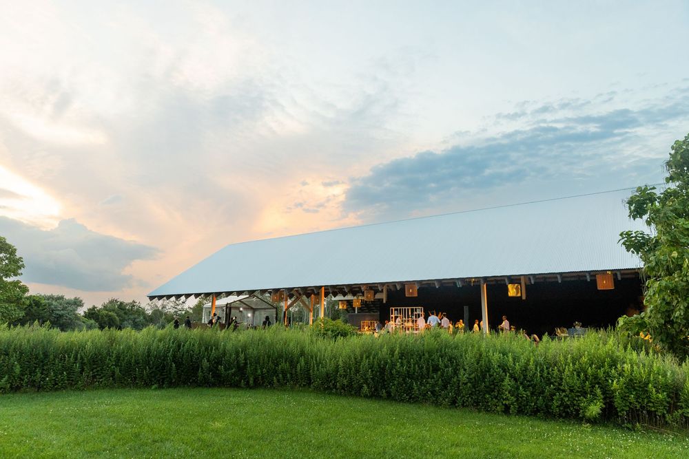 Rustic barn exterior with string lights at sunset surrounded by lush green grass and cornfields.