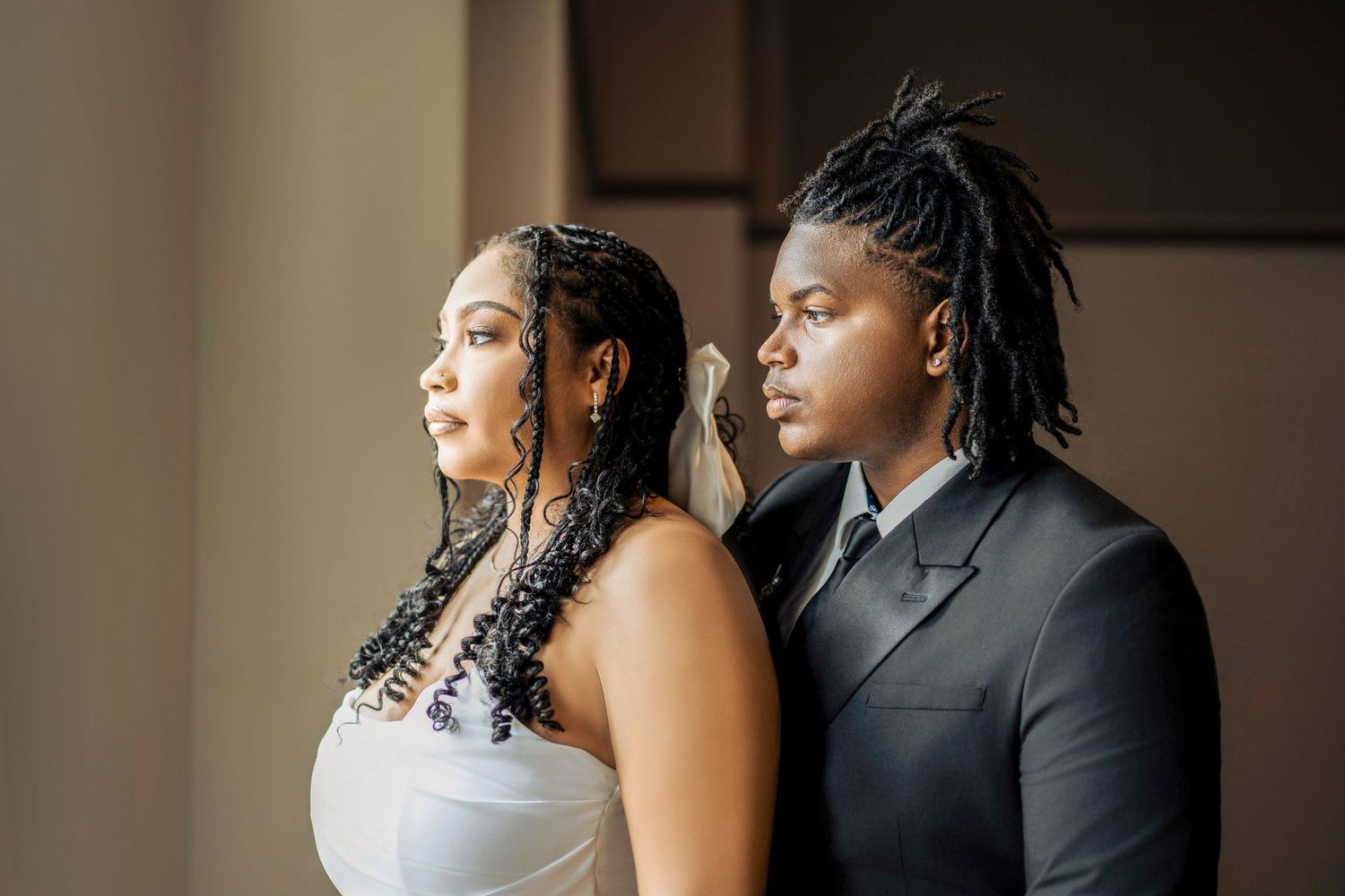 A series of intimate wedding photos showing sweet moments between a couple in formal attire.