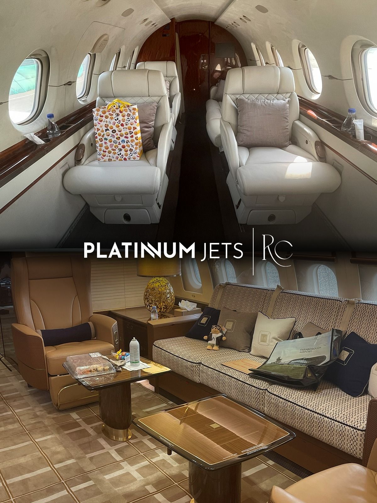 Luxurious private jet interior featuring beige leather seating, wood accents, and spacious cabin layout with multiple windows.