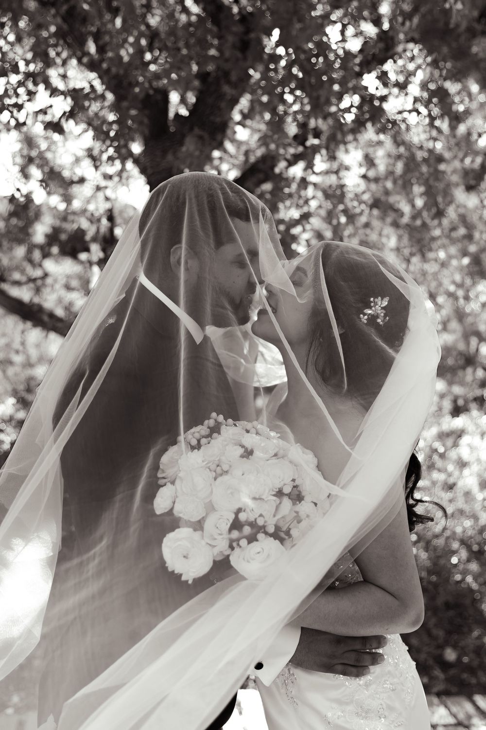 Black and white wedding portraits capture intimate moments between newlyweds under a canopy of trees.